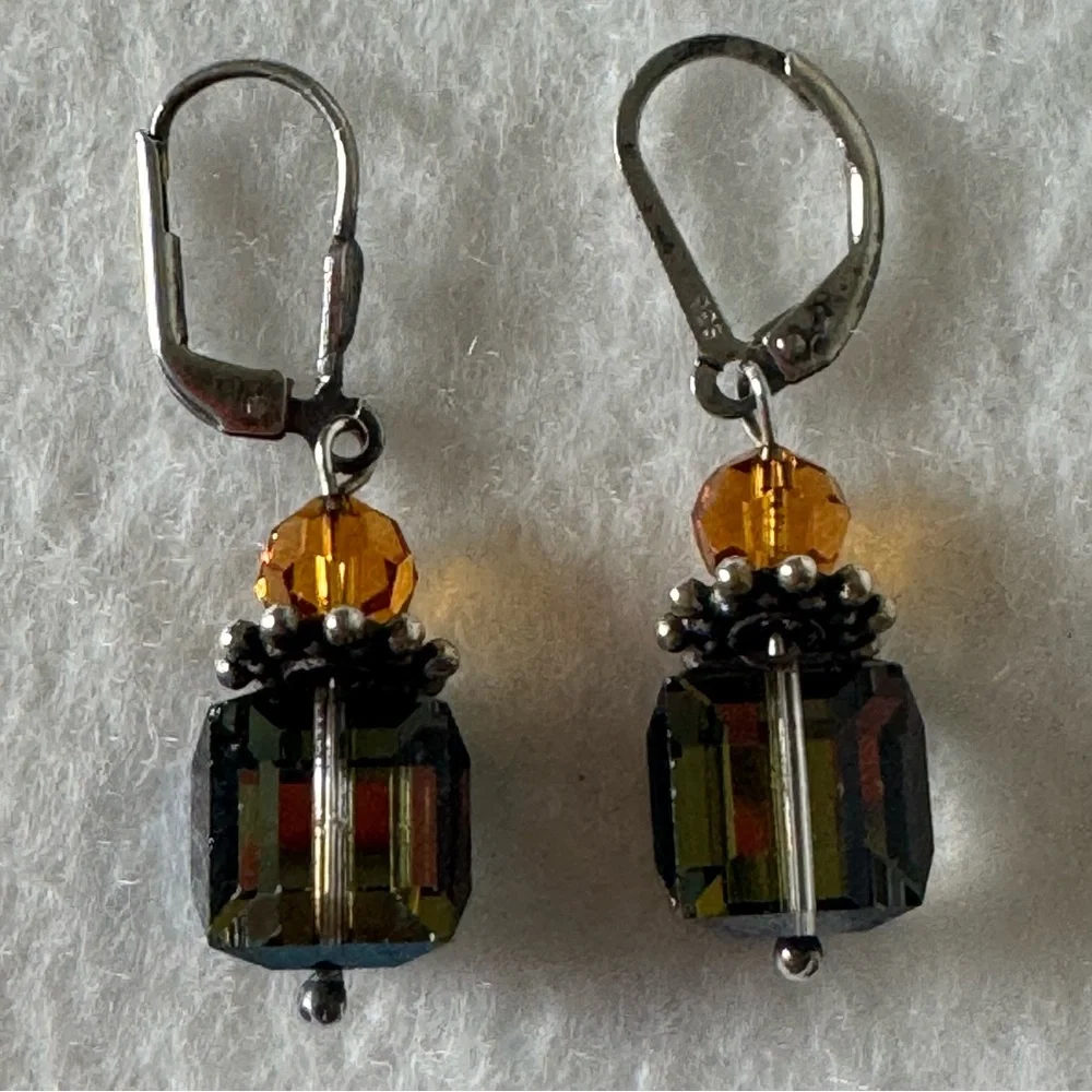 925 Sterling Silver Green Yellow Crystal Minimalist Cube Drop Earrings NEW